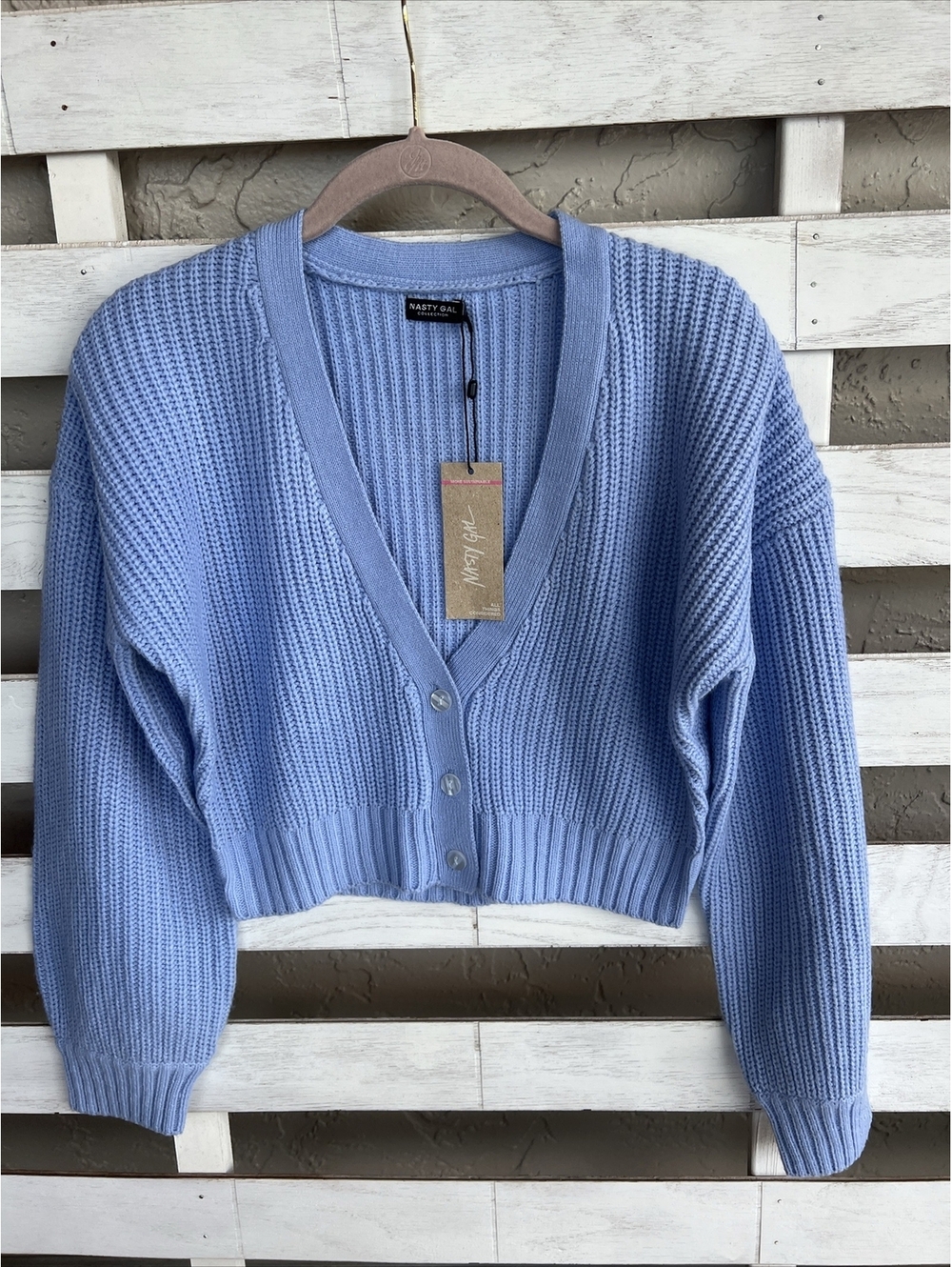 Women’s Nasty Gal Cropped Sweater Cardigan Size 4 S Petite Blue Buttons,